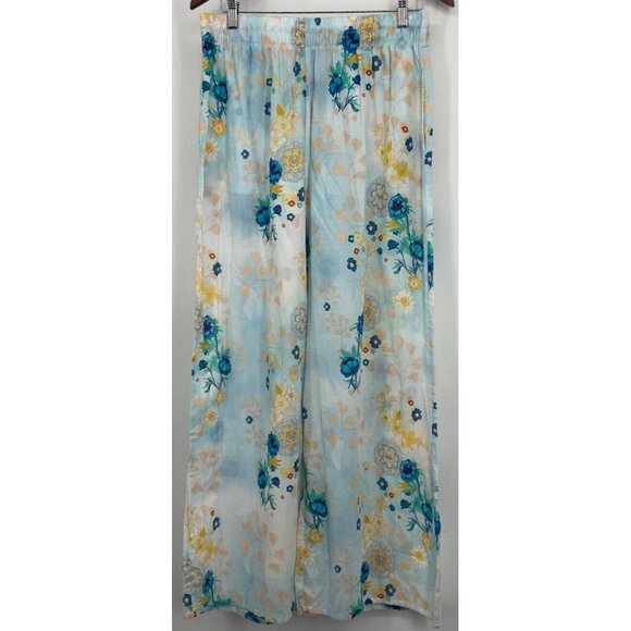 Vilebrequin Womens Soft Blue Floral Wide Leg Pants Large NEW 100% Cotton Flowy - Picture 1 of 7
